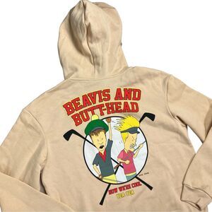 Beavis And Butthead Hoodie Mens L Beige Golf MTV Graphic Novelty Retro 90s